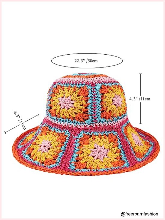 Multicolor Floral Crochet Straw Sun Hat Foldable Packable Wide Brim Bucket Hat main image 2